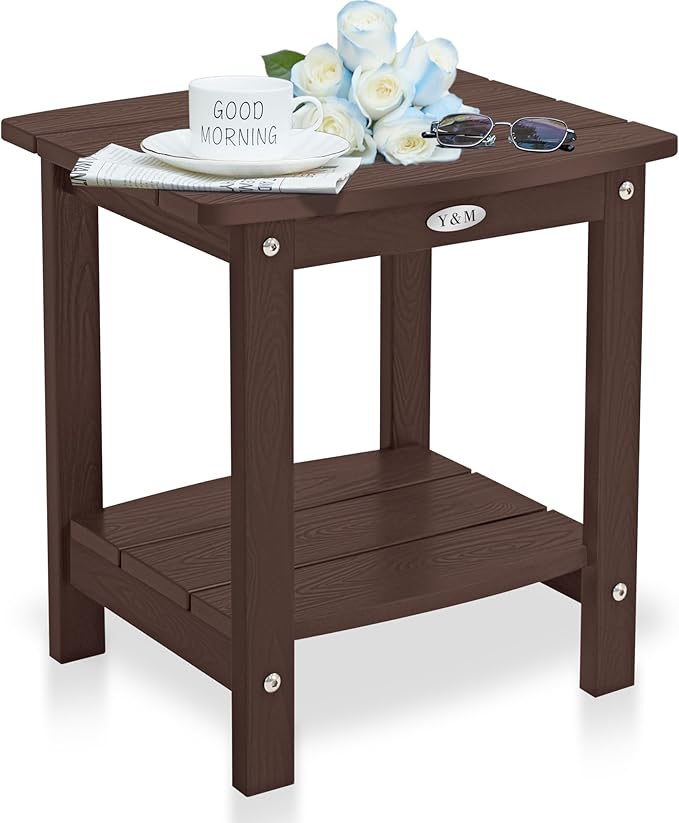 Y&M Outdoor Side Table, HIPS Adirondack Small Double Layer Table, Waterproof Square Outside Table, Balcony End Tables for Patio, Pool, Porch, Deck, Indoor or Outdoor Use, Coffee YM
