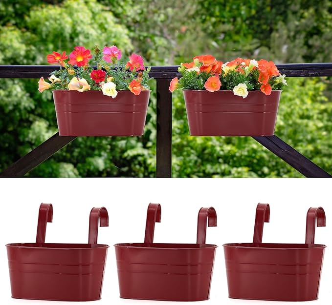 3 Pack Metal Railing Planters, 10.5" Oval Hanging Flower Pots with Detachable Hooks & Drainage Holes, Fits Rails up to 2.36", Galvanized Iron Fence Bucket for Balcony Garden Patio - Red MeltsetM