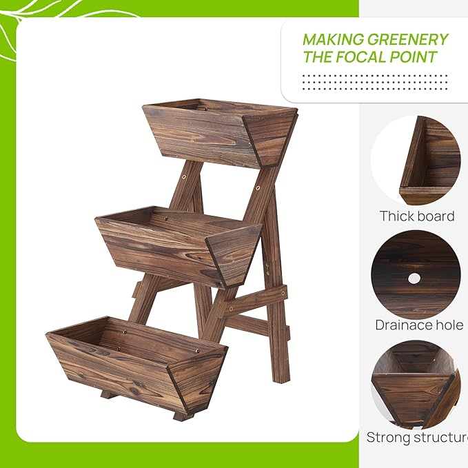 3-Tiers Wooden Raised Garden Bed Tiered Planter Box Flower Pots Vertical Garden Planter Wood Plant Stand Planter Kit for Vegetables Flowers Herbs for Patio Balcony Freestanding (Carbonized S) Dawnyard
