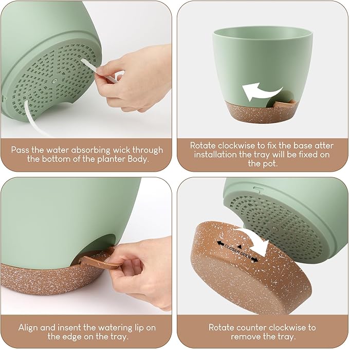 Plant Pots 10/9/8/7.5/7 inch, Self Watering Planters with Drainage Holes & Saucers for Indoor and Outdoor Plants (Green) AFamilyofGardenLovers