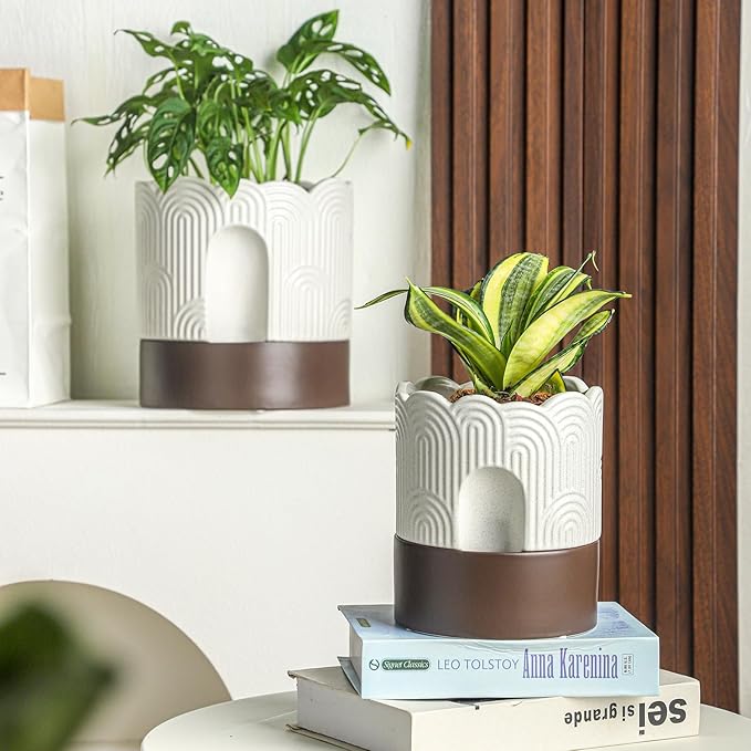 Nihow Self Watering Plant Pot: 8 Inch Ceramic Planter with Drainage Hole & Water Storage Plus - Relief Design Self Watering Pot for Indoor Plants - Beige & Brown Flower Pot Nihow