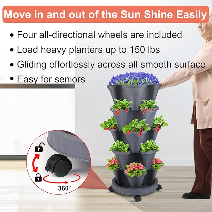 DUNCHATY Stackable Planter, Dark Gray, 5-Tier Garden Tower with Wheels, Self-Watering, Polypropylene Plastic, Indoor/Outdoor Use DUNCHATY
