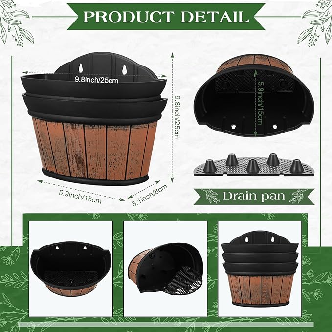 Layhit 6 Pcs Wall Hanging Planters Outdoor Pot Planter Wine Barrel Planter Distressed Oak Thickened Plastic Water Storage Flower Pots for Flower Indoor Outdoor(10 Inches,Brown) ShungLan