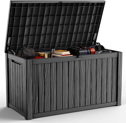 DRATO 200 Gallon Deck Box, Waterproof Resin Large Outdoor Storgae Box for Patio Furniture, Patio Cushions, Gardening Tools, Pool Supplies, Lockable（Black，200 Gallon） DRATOprovidesawarmandcozy