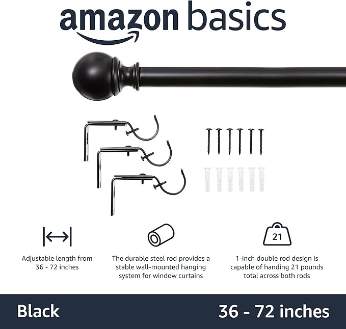 Amazon Basics Adjustable Curtain Rod for Windows, Round Finials, Easy Installation, Sturdy, 1-Inch Rod, 36" to 72", Black, 2-Pack AmazonBasics