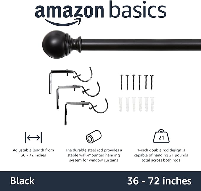 Amazon Basics Adjustable Curtain Rod for Windows with Round Finials, 1-Inch Rod, 36" to 72", Black, 1-Pack AmazonBasics