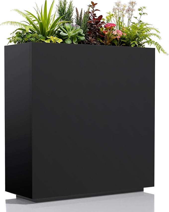 Worth 28" Galvanized Steel Planter Box, Outdoor Rectangular Tall Metal Planter with Insert Shelf & Drainage Holes, Matte Black Standing Plants Box for Patio, Garden, Balcony WORTH
