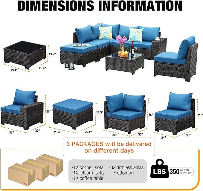 7 Pieces Patio Furniture Set All-Weather Outdoor Wicker Sectional Conversation Sofa Rattan Patio Seating Sofa with Cushion and Glass Table for Porch Poolside,Peacock Blue JOYURE
