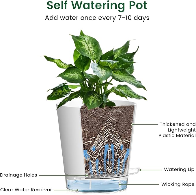 4 inch Self Watering Pots for Indoor Plants, 5 Pack Small Flower Plant Pots with Drainage Holes and Clear Reservoirs, Visible Water Level, Plastic Planters with Wicking Rope, White Meowell