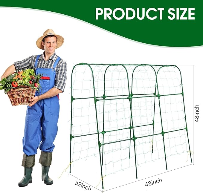 Garden Trellis for Climbing Plants Outdoor, Cucumber Trellis for Raised Bed Garden, Arch Trellis Support for Cucumbers Tomatoes Beans Peas, 50x48 inch, Metal Trellis with Netting, Green OTOSUNNY