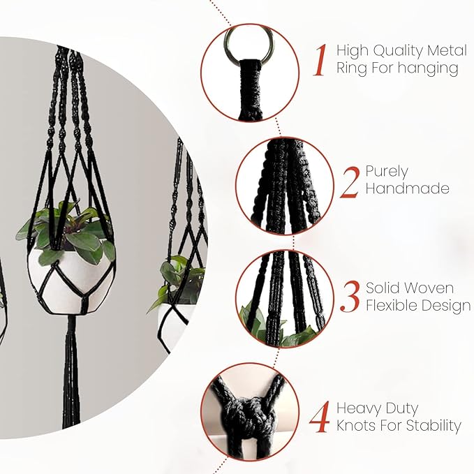 Feedee Macrame Plant Hangers - 6 Pack, Black, Indoor/Outdoor, Cotton Feedee
