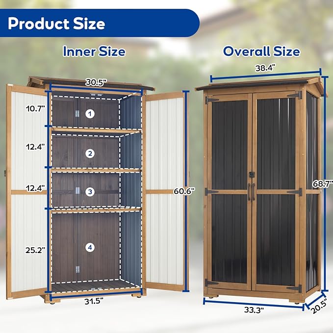Storage Cabinet Outdoor Garage Cabinets with 3 Adjustable Shelves, Lockable Door, Wood & Metal Weather-Resistant Pantry Cabinet for Patio Garden Home Farm (33.3" Lx 21" Wx 69" H) PETSCOSSET