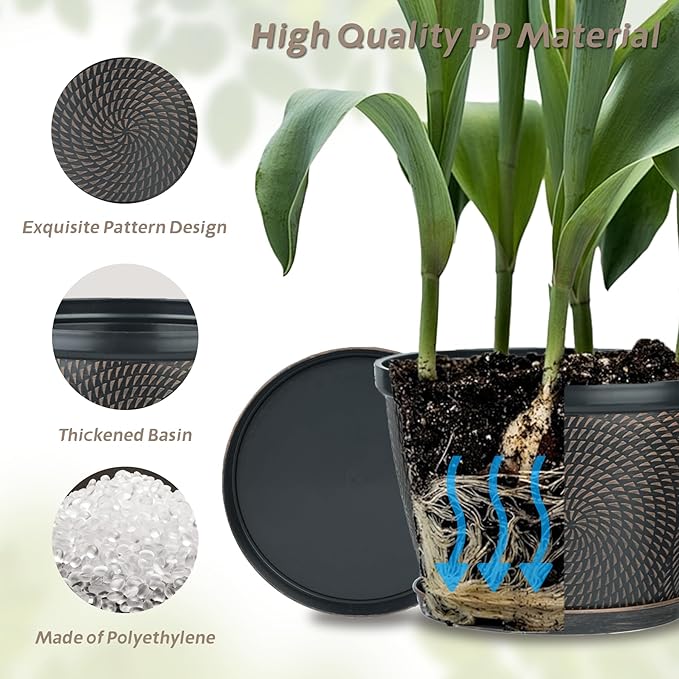 Quarut 15 Inch 4 Pack Large Plant Pots, Plastic Flower Pot for Indoor & Outdoor with Drainage Holes & Saucer, Circle Pattern Planters Garden Pots for Herbs Quarut