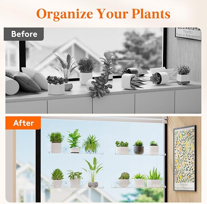 Lifewit Window Plant Floating Shelves 14.6x3.6, 2 Pack Acrylic Suction Cup Shelf, Window Sill Extender for Indoor Succulent Plants, Micro Greens, Seed Starter Pots, Herb Planters 37 x 9 cm/14.6x3.6 Lifewit