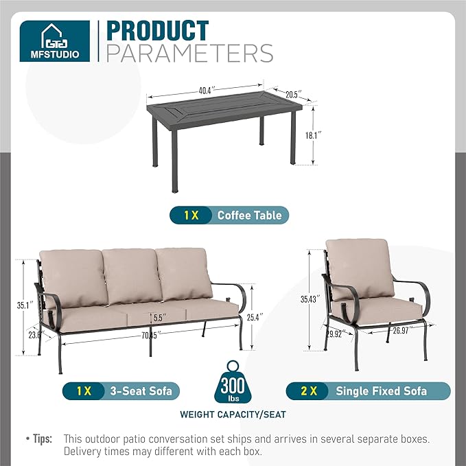 MFSTUDIO 5 Seats Large Metal Patio Conversation Sets, 4 Pieces Outdoor Furniture Sofa with 2 Fixed Chairs, 1 Sofa(3-seat) and Table for Outside Balcony Backyard Poolside MFSTUDIO