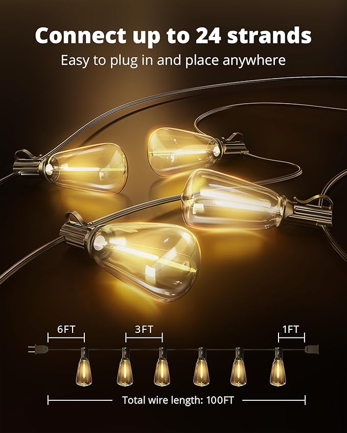 VIPAR LED Outdoor String Lights, 100FT Patio Lights with 32 Edison Shatterproof Bulbs, IPX5 Waterproof Outside Hanging Light Connectable for Backyard Porch Balcony Garden Deck Decor, E12 Base, Black VIPAR