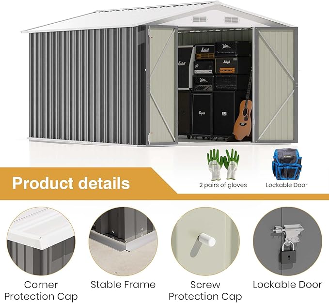 Patiowell 12 x 8 FT Outdoor Storage Shed, Steel Shed Storage House with Design of Lockable Doors, Utility and Tool Storage for Garden, Patio, Backyard, Outside use, Gray Patiowell