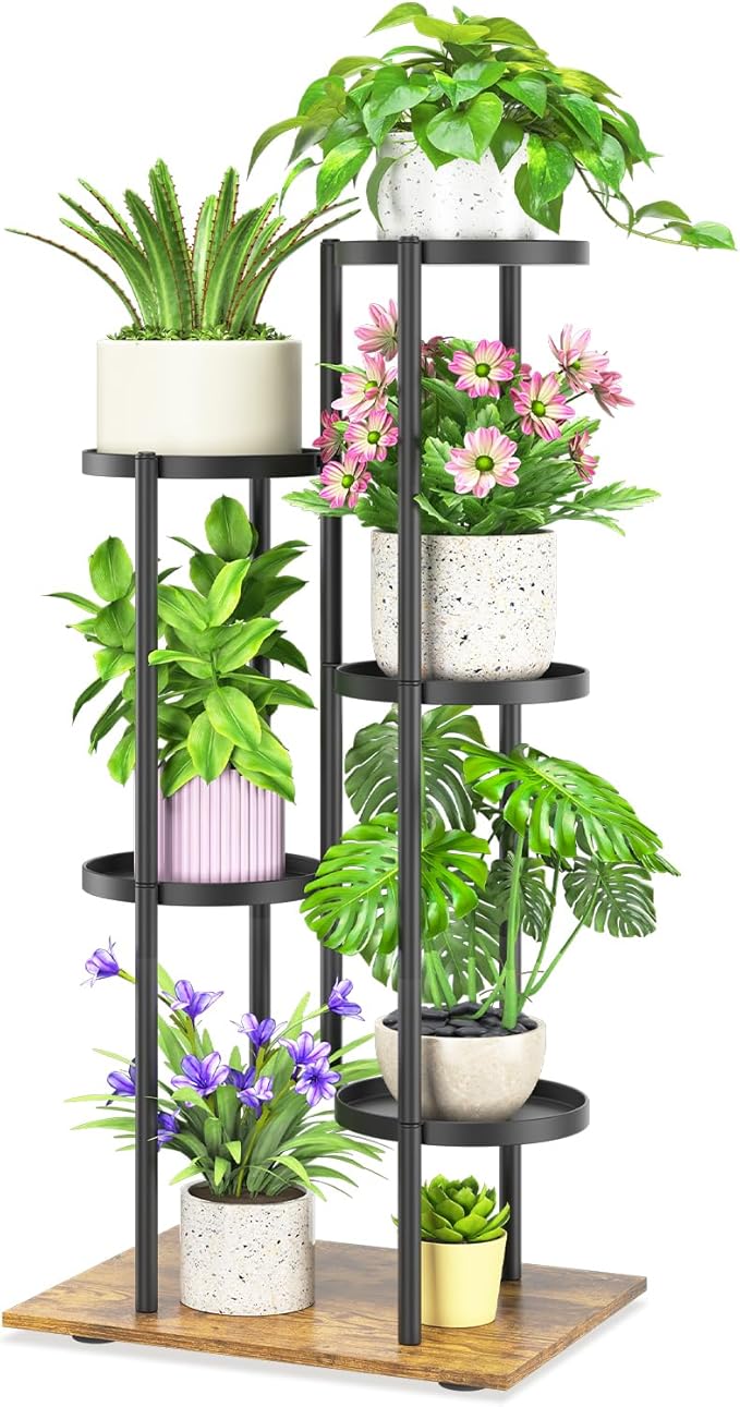 iDavosic.ly 5 Tier Plant Stand Indoor Outdoor, Tiered Corner Multiple Flower Pot Holder Shelf, Metal 37 Inch Tall Display Rack for Patio Porch Living Room Garden Balcony, Modern Black & Rustic Brown iDavosicly