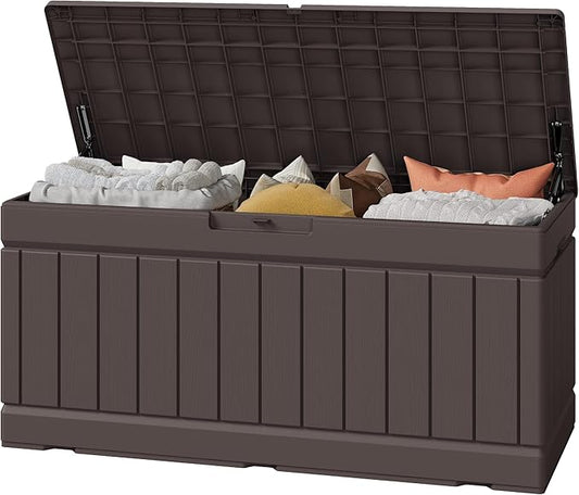 Greesum Outdoor Storage Box 82 Gallon Storage Bin with Lid for Patio Furniture, Garden Tools, Pool Supplies, Waterproof and UV Resistant, Lockable, Dark Brown BuynowfromGreesum