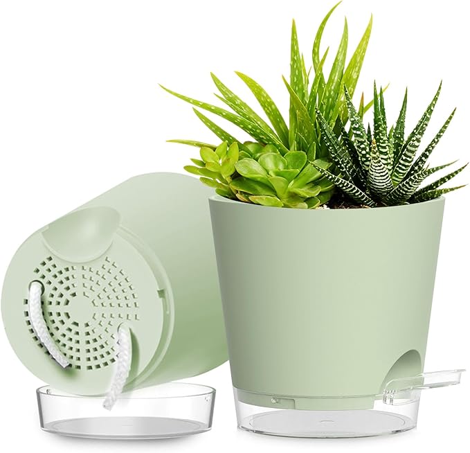 Plant Pots 8 Inch Self Watering Pots, 2 Pack Plastic Planters with Drainage Holes and Clear Saucers,Plastic Flower Pots for Indoor Out Door Plants (Green) SQKH