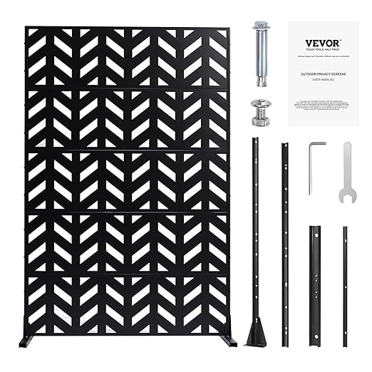 VEVOR Metal Privacy Screen, 47" W x 72" H, Outdoor Privacy Screens 5-Panel, Freestanding Outdoor Divider with Stand, Decorative Garden Steel Privacy Fence for Balcony Patio Indoor Room Black VEVOR