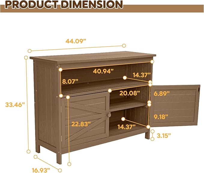 HIPS All-Weather Outdoor Storage Cabinet,Outdoor Sideboard with Magnetic Doors,3-Shelves Patio Storage Cabinet, Used for Garden,Buffet Cabinet,TV Stand, Bar Table,Balcony CONGFUTT