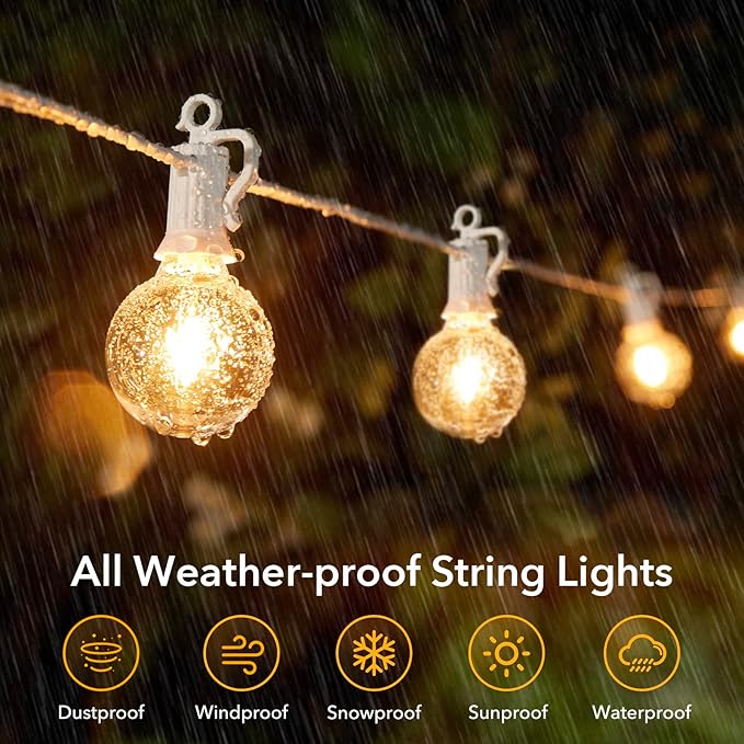 Brightown Outdoor String Lights, 50FT 25 G40 Bulbs Shatterproof Patio Lights, IP65 Waterproof Dimmable Hanging Connectable Globe LED Outdoor Lights for Backyard, Bistro, Porch, Deck, Balcony, White Brightown