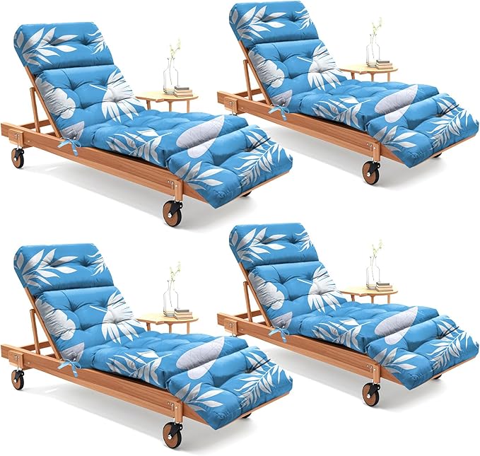 4 Pack Outdoor Chaise Lounge Chair Cushion 75.1 x 22.8 x 4.7 Inches 100% Waterproof Replacement Cotton Patio Pool Lounge Chair Cushion for Outdoor Furniture with Ties, Blue Leaf Uthem