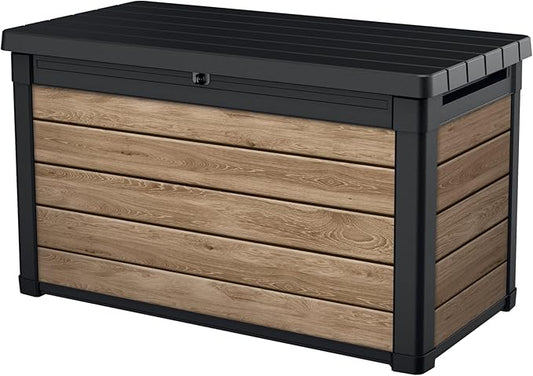 Keter Ashwood 100 Gallon Resin Deck Box Organization and Storage for Patio Furniture Outdoor Cushions, Throw Pillows, Garden Tools and Pool Toys, Brown Keter