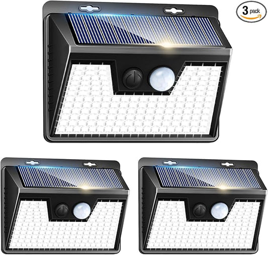 Peasur 140LED Solar Powered Lights Outdoor Waterproof, 3 Packs Motion Sensor Light Ultra-Bright, 3 Modes Fence Security Lighting for Outside Yard Wall Deck Step Garden(Cool White) Peasur