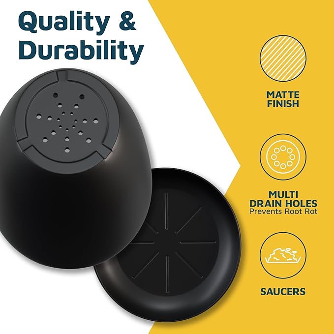 Black Plant Pots with Drainage Holes & Saucers 15 Pack, Indoor & Outdoor Stackable Space-Saving Planters for Houseplants & Flowers, (7", 6.7", 6", 5.3", and 4.8" Inches), Durable & Weatherproof LIFEMASTER