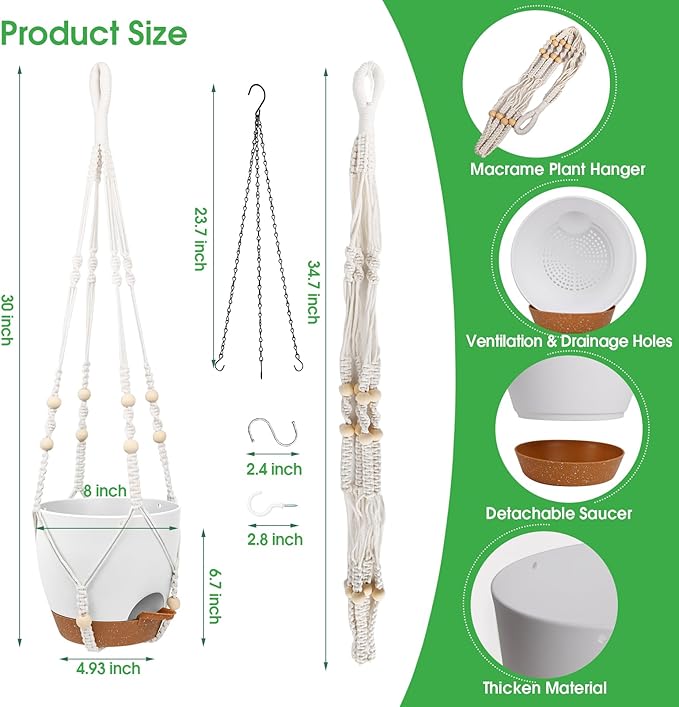 Hanging Planters for Indoor Outdoor Plants, 2 Pack Self Watering Hanging Pot with Drainage Holes, Removable Tray & 2 Kinds of Plant Hangers, 8'' Hanging Flower Pots for Home Garden Decor, White Vanslogreen