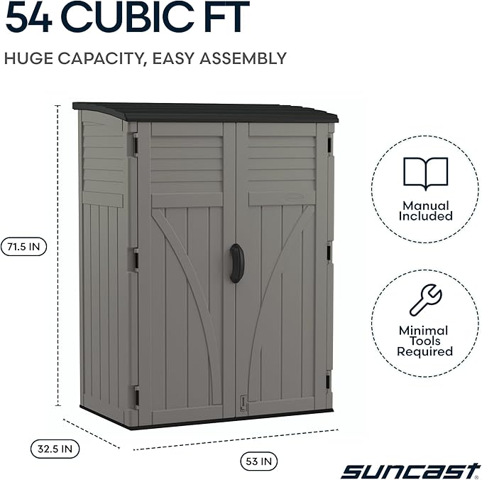 Suncast Outdoor Storage Cabinet Waterproof Resin Vertical Outdoor Storage Shed (54 cu. ft.) for Patio, Garden Tools, Cushions, & Equipment. Weatherproof Plastic Multi-Wall Design, Capacity Made in USA Suncast