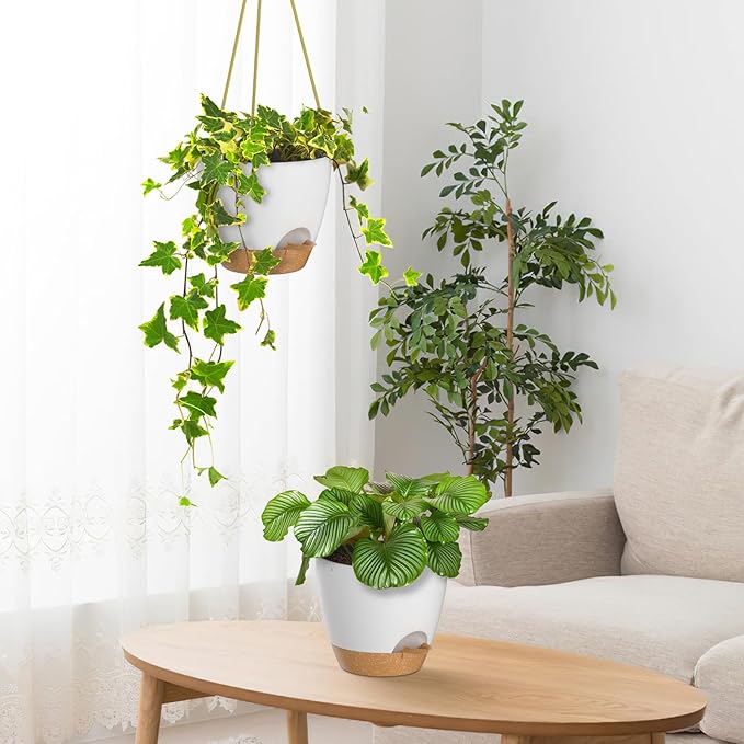 ZMTECH 8 Inch Hanging Planters for Indoor Outdoor Plants, 2 Pack Self Watering Hanging Plant Pots with Drainage Holes and Removable Saucer, Plastic Flower Hanging Pots with Watering Lip (White) HighQualityGardeningTools