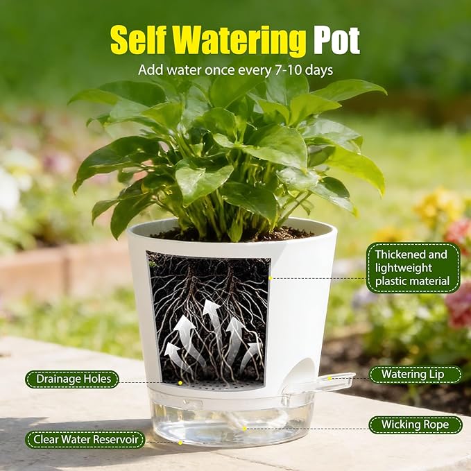 Plant Pots 7 Inch Self Watering Pots, 6 Pack Plastic Planters with Drainage Holes and Clear Saucers,Plastic Flower Pots for Indoor Out Door Plants(White) SQKH