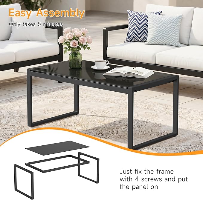 ONBRILL Rectangle Coffee Table with Tempered Glass Desktop, Galvanized Frame Outdoor Coffee Table with Adjustable Feet for Patio, Balcony, Deck, Living Room, Black ONBRILL