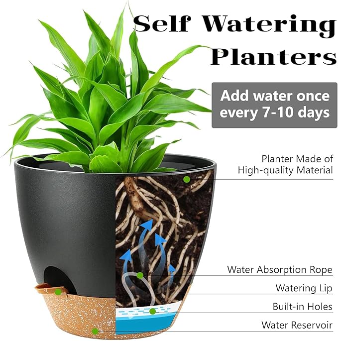4-Pack Plant Pots with Drainage 6.5/6/5.5/5 Inch, Self Watering Pots for Indoor Plants, Planters for Indoor Outdoor Plants, Plastic Flower Pot, Planter for Indoor Outdoor (Black) Rootora