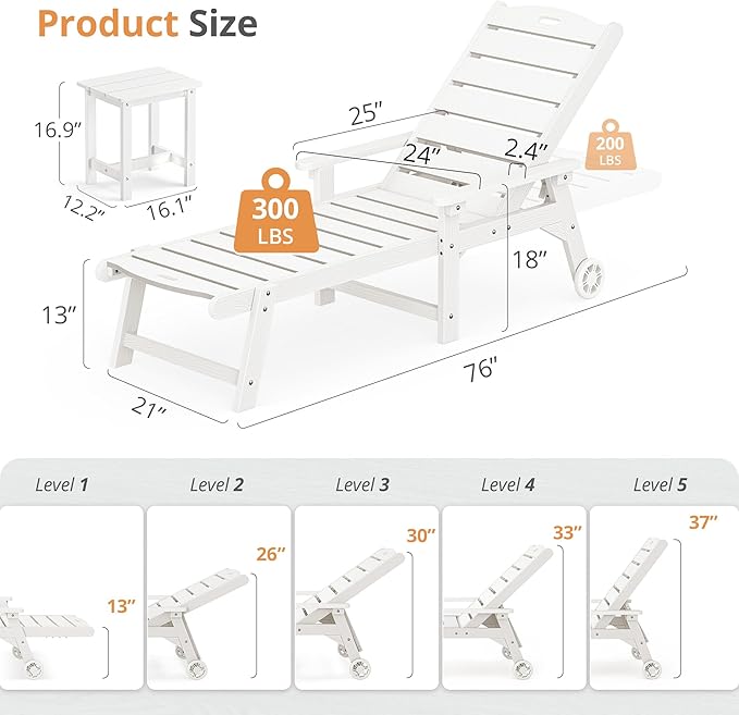 LUE BONA Chaise Lounge Chair with Table, 6-Piece, HDPS Chaise Lounger, 5 Positions Adjustable Lounge Chairs, Pool Lounge Chair with Wheels for Poolside, Backyard, White LUEBONA