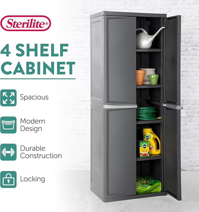 Sterilite 4 Shelf Cabinet, Lockable Utility Storage w/ Adjustable Shelves, Gray - Plastic Shelving Unit for Organizing Garage, Pantry, Basement, Laundry Room or Mudroom Sterilite