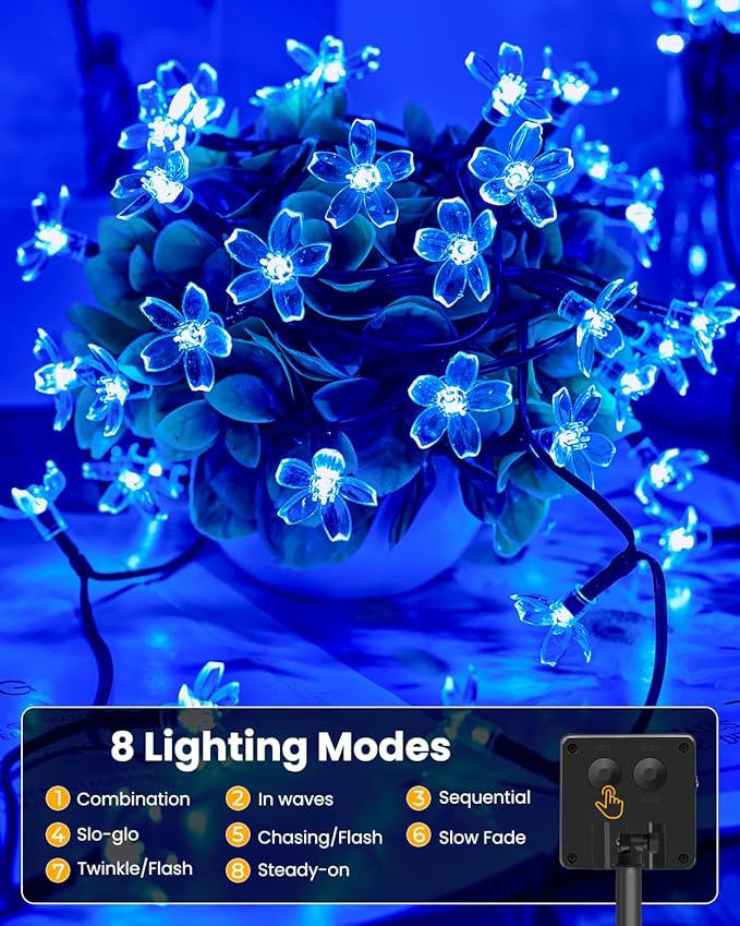Brightown 60 LED Solar Flower String Lights for Outside Waterproof Fairy Lights for Garden Yard Fence Patio Christmas Tree Wedding Party Decor, Blue Brightown