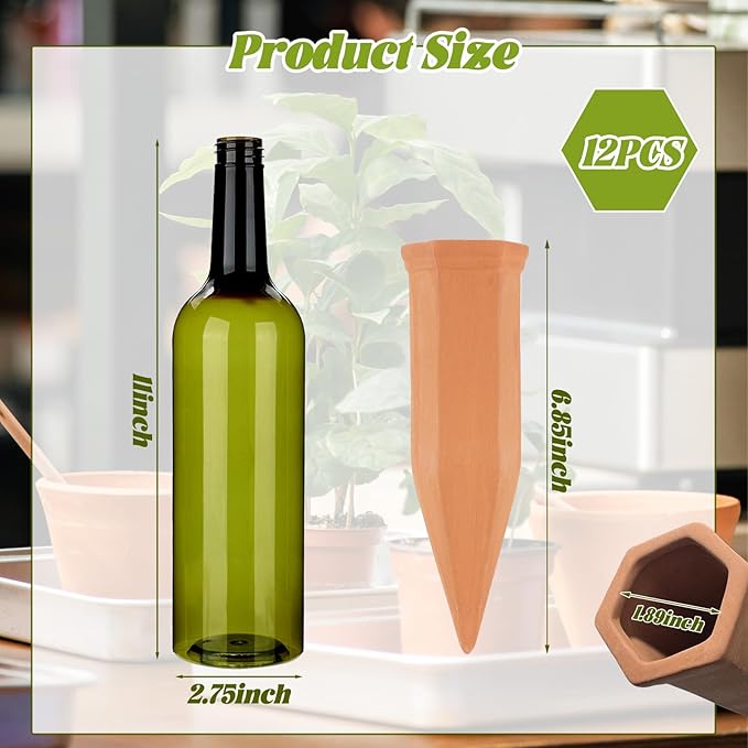 TINSKY 6 Sets Plant Watering Devices Terracotta Self Watering Spikes and 26 Oz Plastic Green Bottles Slow Release Vacation Plant Waterer Automatic Planter Insert for Indoor Outdoor Plants TINSKY