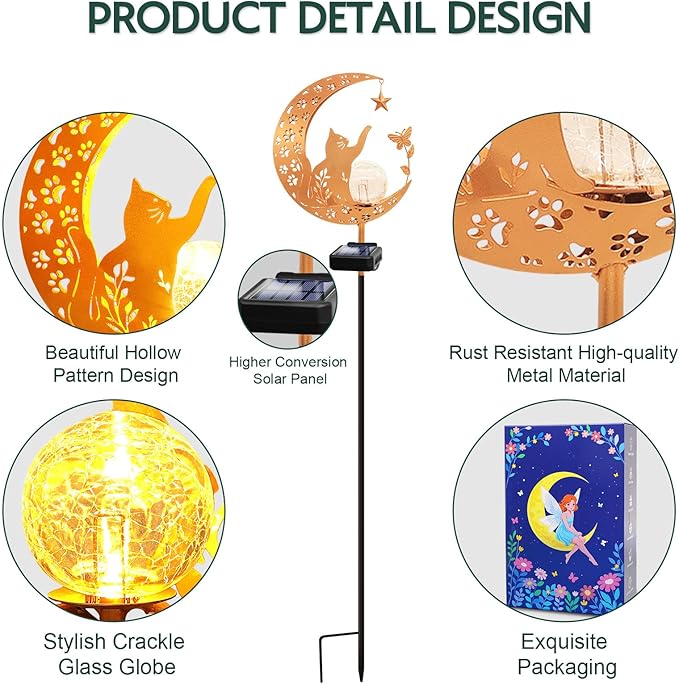ZNYCYE Solar Lights Outdoor Decorative Moon Cat Butterfly Solar Stake Lights Birthday Gifts for Women mom Grandma, Garden Decor Waterproof for Walkway, Yard, Lawn, Patio (Warm White) ZNYCYE