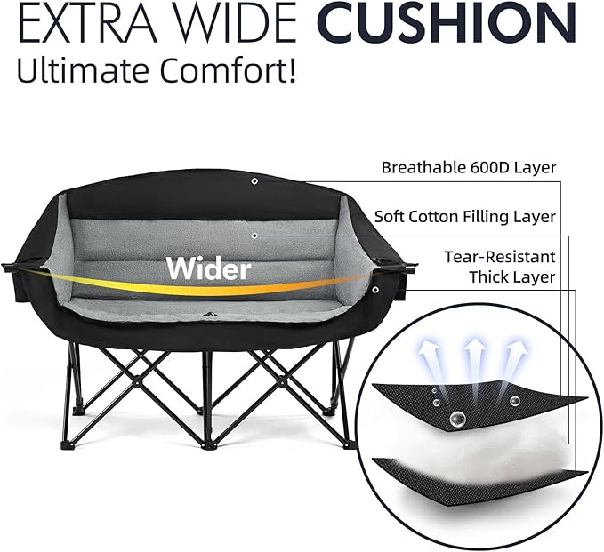 Double Camping Chair Loveseat - 2 Person Oversized Camping Couch for Adults Padded Heavy Duty Outdoor Lawn Beach Portable Folding XL Chairs with Cup Holders and Carry Bag Support 600lbs, Black/Grey PUVASIA