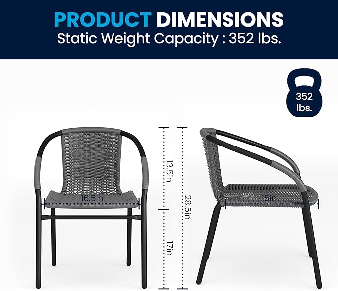 Flash Furniture 3-Piece Patio Dining Set with Round Glass Metal Table and 2 Stackable Rattan Chairs, Indoor/Outdoor Bistro Table and Chairs Set, Gray FlashFurniture