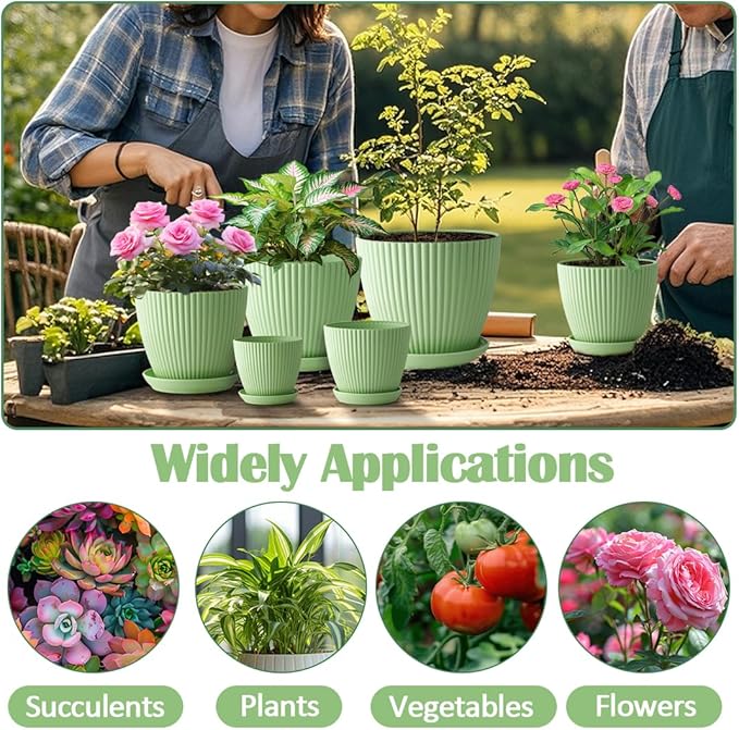 7.5/6.5/5.5/4.9/4.2/3.5 Inch Plant Pots with Saucers & Drain Holes - Indoor/Outdoor Flower Pots for Succulents, Herbs, Cactus - Modern Lightweight Durable Planter Set, Green RooTrimmer