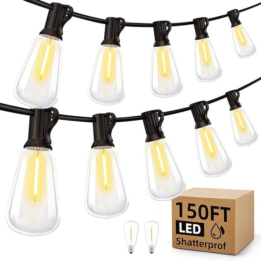 Outdoor String Led Patio Lights - 150Ft 45M Outside Waterproof Light ST38 Shatterproof Bulb Connectable Hanging Outdoor Electric Lighting for Backyard Yard Gazebo Porch Party MGVIH