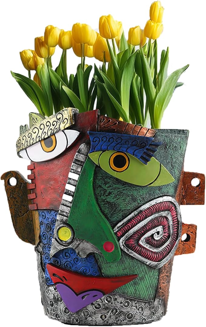 TOZLU Art Abstract Face Planters Pots Head,Unique Fun Abstract Face Flower Pot Ornaments Head Planter Pots Container Colorful Resin Flower Pot for Home and Garden Decor(Picasso Abstract Flowerpot) TOZLU