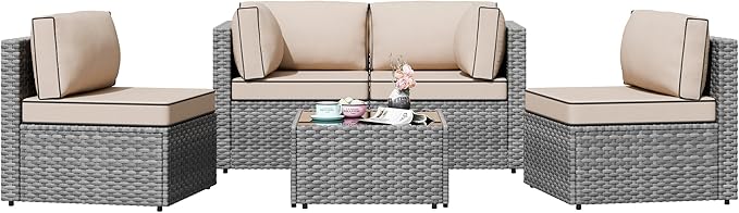 Shintenchi 5 Pieces Outdoor Patio Furniture Sets, Patio Sectional Sofa Couch, Gray PE Wicker Furniture Modular Patio Conversation Sets Patio Sofa with Washable Cushions & Table（Khaki） Shintenchi