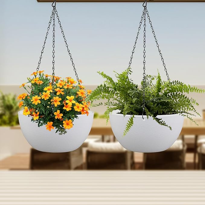 8 inch Small Hanging Planters for Indoor Outdoor Plants, 2 Pack Hanging Flower Pots with Drainage Holes and Chain for Garden Porch, Plastic Hanging Baskets for House Plants, White Meowell