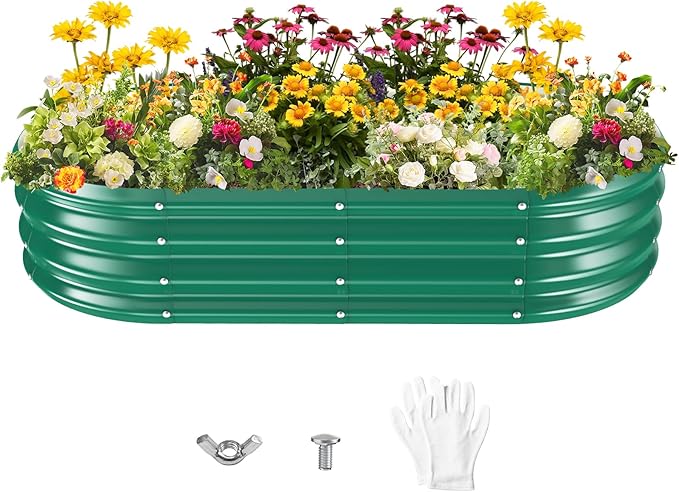 Galvanized Raised Garden Beds for Gardening - 60 x 32 x 12 inch Oval Metal Planter Boxes Above Ground Outdoor for Vegetables,Flowers,Herbs, Garden Container Green (1, 5X2.7X1FT) Rootora